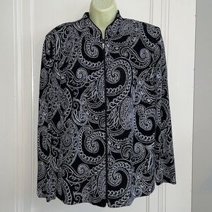 Jeanne Alexander Woman black & silver paisley zip up neck dressy jacket